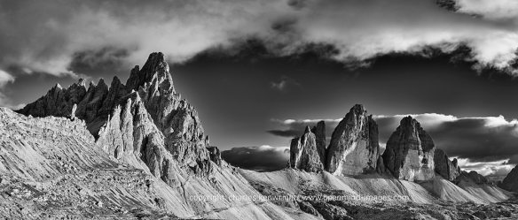 The Paternkofel left and the Drei Zinnen on the right are majestic limestone mountains in the Sexten Dolomites, Italy. copyright: charles kenwright/ www.openmind-images.com